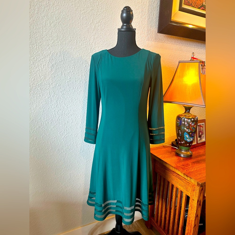 New Jessica Howard Teal Long Sleeve Dress with transparent Trim Accent